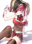  1girl absurdres closed_mouth commentary_request covered_navel eyepatch gloves hand_up hat highres hololive houshou_marine long_hair looking_at_viewer pirate_hat red_eyes red_skirt redhead shizuri_yuki sitting skirt smile solo virtual_youtuber white_gloves 