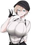  1girl absurdres black_gloves black_headwear blonde_hair breasts camui_kamui eyebrows eyebrows_visible_through_hair gloves hair_between_eyes hat highres large_breasts licking licking_lips original shirt short_hair suspenders tomboy tongue tongue_out upper_body white_background white_shirt 