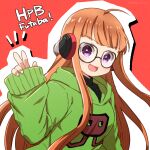  1girl ahoge alien arm_up bangs behind-the-head_headphones black_sweater black_undershirt blunt_bangs blush eyebrows_visible_through_hair glasses green_hoodie hand_up happy happy_birthday head_tilt headphones hime_cut hood hoodie long_hair long_sleeves open_mouth orange_hair outline persona persona_5 persona_5_the_royal red_background sakura_futaba simple_background sleeves_past_wrists smile solo_focus sweater turtleneck v violet_eyes yuigata_(somokosukosu69) 