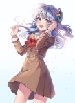  1girl :d absurdres bang_dream! bangs bare_legs blue_hair blush brown_dress dress dutch_angle eyebrows_visible_through_hair feet_out_of_frame flower green_ribbon hair_flower hair_ornament hair_ribbon hanasakigawa_school_uniform hand_in_hair highres leaf leaves_in_wind long_hair long_sleeves looking_at_viewer matsubara_kanon neck_ribbon one_side_up open_mouth pongu red_neckwear red_ribbon ribbon sailor_collar school_uniform serafuku shadow smile solo standing violet_eyes white_background 