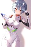  1girl absurdres ass_visible_through_thighs ayanami_rei blue_hair bodysuit bottle cowboy_shot highres interface_headset looking_at_viewer myowa neon_genesis_evangelion pilot_suit plugsuit pocari_sweat red_eyes short_hair solo sweat thigh_gap white_bodysuit 