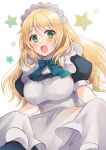  1girl alternate_costume apron atago_(kancolle) black_dress blonde_hair breasts commentary_request cowboy_shot dress enmaided frilled_apron frills green_eyes hatomaru_(hatomaru56) highres kantai_collection large_breasts long_hair looking_at_viewer maid maid_headdress solo starry_background white_apron white_background 