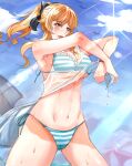  1girl bikini black_bow blonde_hair blue_eyes blue_sky blush bow breasts commentary_request genshin_impact hair_bow half-closed_eyes highres jean_gunnhildr korean_commentary lifted_by_self medium_breasts open_mouth ponytail shirt shirt_lift side-tie_bikini sky solo stomach string_bikini sunlight swimsuit undressing wet wet_clothes wet_shirt xindoshi 