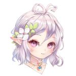  1girl ahoge closed_mouth face flower hair_flower hair_ornament jewelry kokkoro_(princess_connect!) pendant pointy_ears princess_connect! princess_connect!_re:dive short_hair silver_hair simple_background smile solo violet_eyes white_background yukinoa 