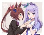  2girls aqua_ribbon black_suit blue_eyes blush brown_hair dated ear_ribbon eyebrows_visible_through_hair fork formal high_ponytail holding holding_fork long_hair long_sleeves mejiro_mcqueen_(umamusume) multicolored_hair multiple_girls odawara_hakone open_mouth puffy_short_sleeves puffy_sleeves purple_hair ribbon school_uniform short_sleeves streaked_hair suit tokai_teio_(umamusume) tracen_school_uniform two-tone_hair umamusume upper_body violet_eyes white_hair 