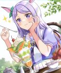  1girl animal_ears blush closed_mouth cup ear_ribbon eating eyebrows_visible_through_hair green_ribbon hand_on_own_face highres holding holding_spoon horse_ears horse_girl long_hair mejiro_mcqueen_(umamusume) niwata0 parfait pleated_skirt puffy_short_sleeves puffy_sleeves purple_hair ribbon school_uniform short_sleeves sitting skirt solo sparkle spoon tracen_school_uniform umamusume violet_eyes white_skirt 