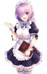  1girl apron bangs breasts fate/grand_order fate_(series) hair_over_one_eye holding looking_at_viewer maid maid_apron maid_headdress mash_kyrielight menu nonono open_mouth purple_hair ribbon short_hair simple_background smile solo standing thigh-highs violet_eyes white_background white_legwear wrist_cuffs 