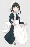  1girl absurdres alternate_costume apron black_dress black_hair blush cropped_legs dress enmaided eyebrows_visible_through_hair fubuki_(kancolle) green_eyes grey_background hair_between_eyes highres juliet_sleeves kantai_collection long_sleeves ma_rukan maid maid_apron maid_day maid_headdress open_mouth puffy_sleeves short_hair short_ponytail signature simple_background smile solo white_apron 