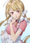  1girl :d ahoge akamatsu_kaede apron bangs blonde_hair bow breasts commentary_request dangan_ronpa_(series) dangan_ronpa_v3:_killing_harmony frilled_apron frills gradient gradient_background grey_background hair_bow hair_ornament hand_up holding holding_tray large_breasts long_hair looking_at_viewer low_twintails maid_day musical_note_hair_ornament open_mouth pink_eyes puffy_short_sleeves puffy_sleeves red_eyes ribbon shiny shiny_hair short_sleeves sihye_(sihye1202) simple_background smile solo tray twintails upper_body waist_apron white_apron white_bow white_ribbon 