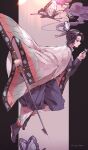  1girl absurdres animal_print belt belt_buckle black_hair black_legwear blue_eyes blue_jacket blue_pants buckle bug butterfly butterfly_hair_ornament butterfly_on_hand butterfly_print hair_ornament haori highres holding holding_sword holding_weapon insect jacket japanese_clothes katana kimetsu_no_yaiba kochou_shinobu pants sandals short_hair sword weapon white_belt wide_sleeves yogukasu 