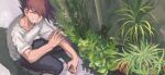  1boy absurdres bangs brown_hair closed_eyes dangan_ronpa_(series) dangan_ronpa_v3:_killing_harmony denim facial_hair from_above goatee grass grey_shirt grin highres jacket jeans male_focus momota_kaito outdoors pants plant shirt shoes short_hair short_sleeves sitting smile solo spiky_hair teeth visket53 white_shirt 