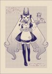  1girl adapted_costume alternate_costume apron cake dress eating enmaided facial_mark fate/grand_order fate_(series) food frilled_dress frills full_body greyscale hair_ribbon hizuki_aya horns ibaraki_douji_(fate) ice_cream long_hair macaron maid monochrome oni_horns puffy_short_sleeves puffy_sleeves ribbon sepia short_sleeves solo sundae thigh-highs translation_request tray twintails very_long_hair waist_apron wrist_cuffs 