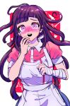  1girl apron bandaged_arm bandages bangs blush commentary_request cowboy_shot dangan_ronpa_(series) dangan_ronpa_2:_goodbye_despair hands_up heart long_hair looking_at_viewer messy_hair mole mole_under_eye nurse open_mouth pink_shirt puffy_short_sleeves puffy_sleeves purple_hair red_background rexmmik shirt short_sleeves skirt solo syringe tears tsumiki_mikan upper_body upper_teeth violet_eyes white_apron white_background 