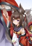  2girls amagi-chan_(azur_lane) amagi_(azur_lane) animal_ears azur_lane bangs bare_shoulders blush bridal_gauntlets brown_hair brown_tail cherry_blossom_print closed_mouth coat commentary cowboy_shot eyebrows_visible_through_hair floral_print fox_ears fox_girl fox_tail hair_between_eyes hair_intakes highres holding_hands japanese_clothes kimono long_hair long_sleeves looking_at_viewer lower_body manjuu_(azur_lane) minase_tamaki multiple_girls multiple_tails off-shoulder_kimono off_shoulder out_of_frame purple_kimono red_coat red_pupils ribbon rope shimenawa sidelocks sleeveless sleeveless_kimono smile solo_focus standing tail thick_eyebrows twintails violet_eyes wide_sleeves 