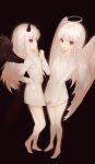  2girls albino angel angel_and_devil angel_wings black_background bottomless collared_shirt commission demon demon_horns fallen_angel flat_chest full_body horns long_hair long_sleeves looking_at_viewer multiple_girls naked_shirt original pale_skin pointy_ears red_eyes shirt simple_background standing symbol_commentary white_hair white_shirt wings yin_(azse2432) 