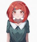  1girl alternate_costume angry arms_at_sides bangs blush brown_eyes buttons closed_mouth collarbone collared_shirt commentary_request dangan_ronpa_(series) dangan_ronpa_v3:_killing_harmony frown green_shirt hair_ornament hairclip highres jazy looking_at_viewer medium_hair red_eyes redhead shiny shiny_hair shirt short_sleeves solo upper_body yumeno_himiko 