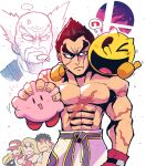  &gt;_o ... 6+boys absurdres anger_vein black_eyes black_gloves black_hair blonde_hair boxing_gloves closed_mouth facial_hair fatal_fury frown gloves hat headband heterochromia highres holding ken_masters kirby kirby_(series) long_hair male_focus mishima_heihachi mishima_kazuya multiple_boys muscular muscular_male mustache one_eye_closed open_mouth pac-man pac-man_(game) rariatto_(ganguri) red_eyes red_gloves ryu_(street_fighter) scar scar_on_arm scar_on_chest shirt shirtless simple_background snk spiky_hair spoken_ellipsis street_fighter super_smash_bros. sweat tekken terry_bogard the_king_of_fighters thick_eyebrows thumbs_up white_background 