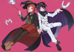  1boy 1girl :d bangs bird black_cape black_footwear black_jacket black_legwear brown_vest buttons cape cape_lift collared_shirt confetti dangan_ronpa_(series) dangan_ronpa_v3:_killing_harmony double-breasted dove grin hair_ornament hand_up hands_together hat highres holding holding_wand invisible_chair jacket jazy lifted_by_self long_sleeves looking_at_another miniskirt open_mouth ouma_kokichi pants pantyhose peaked_cap purple_hair red_background red_cape red_eyes red_headwear red_skirt redhead shirt shoes short_hair simple_background sitting skirt smile straitjacket vest violet_eyes wand white_jacket white_pants white_shirt witch_hat yumeno_himiko 