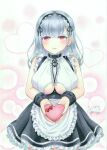 1girl absurdres anchor_choker apron azur_lane black_hairband black_skirt box breasts center_frills choker clothing_cutout dido_(azur_lane) earrings eyebrows_visible_through_hair frilled_apron frilled_choker frilled_shirt frilled_skirt frills hairband heart heart-shaped_box heart_earrings highres holding holding_box jewelry lace-trimmed_hairband lace_trim large_breasts maid shirt silver_hair skirt sleeveless sleeveless_shirt solo traditional_media under_boob underboob_cutout violet_eyes waist_apron whipberry white_apron white_shirt 