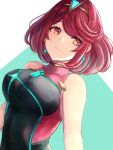  1girl bangs bare_arms bare_shoulders breasts chest_jewel earrings jewelry leonmandala medium_breasts one-piece_swimsuit orange_eyes pyra_(pro_swimmer)_(xenoblade) pyra_(xenoblade) redhead short_hair smile solo swept_bangs swimsuit upper_body xenoblade_chronicles_(series) xenoblade_chronicles_2 