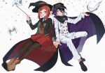  1boy 1girl :d bangs bird black_cape black_footwear black_jacket black_legwear brown_vest buttons cape cape_lift collared_shirt commentary_request confetti dangan_ronpa_(series) dangan_ronpa_v3:_killing_harmony double-breasted dove grin hair_ornament hand_up hands_together hat highres holding holding_wand invisible_chair jacket jazy lifted_by_self long_sleeves looking_at_another miniskirt open_mouth ouma_kokichi pants pantyhose peaked_cap purple_hair red_cape red_eyes red_headwear red_skirt redhead shirt shoes short_hair simple_background sitting skirt smile straitjacket vest violet_eyes wand white_background white_jacket white_pants white_shirt witch_hat yumeno_himiko 