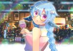  1girl :o alcohol bangs bare_shoulders blue-framed_eyewear blue_hair blurry blurry_background blush braid breasts character_request commentary_request cup depth_of_field drinking_glass eyebrows_visible_through_hair glasses hair_between_eyes hair_ornament hand_up holding holding_cup indie_virtual_youtuber kouu_hiyoyo long_hair looking_at_viewer looking_back parted_lips pink_shirt round_eyewear shirt single_braid sleeveless sleeveless_shirt small_breasts solo star_(symbol) star_hair_ornament violet_eyes wine wine_glass 
