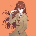  1girl arm_up bangs blue_eyes blush brown_coat brown_hair closed_mouth coat collared_shirt commentary daekio english_commentary eyebrows_visible_through_hair hair_between_eyes hand_in_pocket long_hair long_sleeves looking_at_viewer makise_kurisu necktie orange_background red_neckwear shirt sidelocks simple_background smile solo standing steins;gate white_shirt wind 