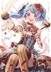  1girl :d alternate_hairstyle bang_dream! bangs blue_hair blush brown_legwear choker corset dress dress_bow dutch_angle eyebrows_visible_through_hair feet_out_of_frame food frilled_choker frilled_dress frilled_sleeves frills hair_ornament hair_ribbon heart highres looking_at_viewer matsubara_kanon medium_hair open_mouth pongu puffy_short_sleeves puffy_sleeves ribbon round_teeth short_sleeves sidelocks sitting smile solo striped striped_legwear sweets swept_bangs teeth thigh-highs twintails underbust upper_teeth valentine vertical-striped_legwear vertical_stripes violet_eyes white_background wrist_cuffs 