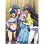  3girls animal_ears artist_request ass black_hair blue_eyes blue_hair blue_shorts blush braid breasts closed_mouth collarbone elsa_(symphogear) eyebrows_visible_through_hair fang hair_ornament hair_ribbon hairband indoors large_breasts long_hair looking_at_another midriff millaarc multicolored_hair multiple_girls navel official_art one_eye_closed open_mouth orange_eyes pants pink_hair redhead ribbon senki_zesshou_symphogear shiny shiny_hair short_hair short_shorts shorts smile sweater vanessa_(symphogear) white_hair white_pants wolf_ears wolf_girl yellow_sweater 