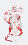  1girl absurdres bare_shoulders barefoot breasts covered_navel dress full_body highres horns long_hair looking_at_viewer open_mouth original red_eyes scales snake solo thigh-highs torn_clothes torn_legwear white_dress white_hair white_legwear zerocat 