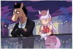  1boy 1girl animal_ears arm_rest bangs black_pants blue_neckwear bojack_horseman bojack_horseman_(series) border breasts bridle closed_mouth clouds crossed_arms crossover dress elbow_rest formal furry gashi-gashi gloves gold_ship_(umamusume) hat horse horse_ears horse_girl horse_tail jacket necktie night outdoors pants pantyhose red_dress red_neckwear star_(sky) suit tail umamusume white_border white_gloves 