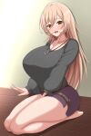  1girl absurdres blonde_hair breasts curvy fang grey_sweater hair_between_eyes highres jewelry kneeling lap_pillow_invitation large_breasts long_hair mameneko_pai necklace nijisanji nui_sociere open_mouth ribbed_sweater sitting skin_fang sweater thick_thighs thighs virtual_youtuber wooden_floor yellow_eyes 