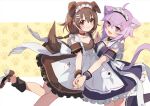  2girls :3 :d ahoge alternate_costume animal_ears apron bangs black_dress black_legwear blush bone_hair_ornament brown_dress brown_eyes brown_footwear brown_hair cartoon_bone cat_ears cat_girl cat_tail closed_mouth commentary_request dog_ears dog_girl dog_tail dress enmaided eyebrows_visible_through_hair fang feet_out_of_frame frilled_dress frills hair_between_eyes hair_ornament holding_hands hololive inugami_korone kneehighs maid maid_day maid_headdress multiple_girls nail_polish nekomata_okayu open_mouth outstretched_arm purple_hair purple_nails shadowsinking shoes smile standing standing_on_one_leg tail violet_eyes white_apron wrist_cuffs yellow_nails 