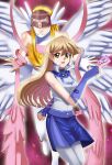  2girls angel angel_wings angewomon armor blonde_hair blue_skirt crossover digimon digimon_adventure face_mask holding_card pink_background sailor_collar sincity2100 sleeveless sleeveless_jacket sleeveless_shirt smile tenjouin_asuka white_jacket white_shirt wings yellow_eyes yu-gi-oh! yuu-gi-ou_gx 