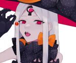  1girl abigail_williams_(fate) absurdres bangs black_bow black_gloves black_headwear bow cherry fangs fate/grand_order fate_(series) food fruit gloves hair_bow hat highres keyhole long_hair looking_at_viewer multiple_bows orange_bow parted_bangs polka_dot polka_dot_bow red_eyes slit_pupils sumi_(gfgf_045) third_eye 