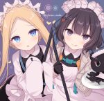  2girls :o :q alternate_costume apron artist_name blonde_hair blue_background blue_eyes copyright_request enmaided holding holding_pole long_hair looking_at_viewer maid maid_day maid_headdress multiple_girls oversized_clothes pole purple_hair shikitani_asuka short_hair simple_background tongue tongue_out upper_body violet_eyes 