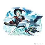  1girl adjusting_eyewear alternate_hairstyle alternate_uniform ash_arms belt bird broom broom_riding clouds commentary_request full_body glasses green_hair hat highres jacket medium_hair official_art pantyhose red_eyes simple_background sky sleeveless solo sukocchi water white_background witch_hat 