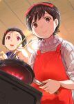  2girls :d apron black_hair brown_eyes chopsticks commentary_request cooking frying_pan hair_ribbon herai_sumire highres maiko-san_chi_no_makanai-san mikazuki_akira! multiple_girls nozuki_kiyo open_mouth red_apron red_ribbon ribbed_sweater ribbon short_hair smile sweater turtleneck turtleneck_sweater violet_eyes white_sweater 