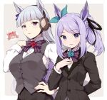  2girls agnes_digital_(umamusume) animal_ears aqua_ribbon black_suit blue_bow blush bow buttons collared_shirt ear_bow ear_ribbon eyebrows_visible_through_hair formal gold_ship_(umamusume) grey_hair grey_vest horse_ears horse_girl long_hair long_sleeves mejiro_mcqueen_(umamusume) multiple_girls odawara_hakone open_mouth purple_hair ribbon shirt smile suit umamusume upper_body vest violet_eyes white_shirt 