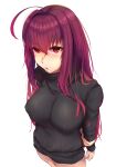  1girl ahoge bangs black_sweater blush breasts fate/grand_order fate_(series) hair_between_eyes highres imes large_breasts long_hair long_sleeves looking_at_viewer open_mouth purple_hair red_eyes ribbed_sweater scathach_(fate) scathach_(fate)_(all) sweater thighs turtleneck turtleneck_sweater 