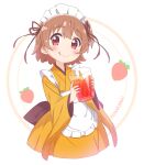  1girl :q apron bangs blush brown_hair character_name closed_mouth commentary cup drinking_glass eyebrows_visible_through_hair food frilled_apron frills fruit hair_between_eyes holding holding_cup hoshino_hinata japanese_clothes jigatei_(omijin) kimono long_sleeves maid_headdress orange_kimono red_eyes smile solo strawberry symbol_commentary tongue tongue_out wa_maid watashi_ni_tenshi_ga_maiorita! white_apron white_background wide_sleeves 