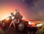  1girl black_capelet black_footwear black_skirt boots bullpup capelet car commission girls_frontline green_hair ground_vehicle gun hair_bun headlight highres holding holding_gun holding_weapon jettoburikku leaning_back looking_up motor_vehicle nissan nissan_fairlady open_mouth p90 p90_(girls_frontline) pink_eyes sitting skirt solo submachine_gun sunrise vehicle_focus weapon 