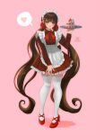  1girl apron artist_name bangs brown_hair cake cake_slice dangan_ronpa_(series) dangan_ronpa_v3:_killing_harmony dress english_commentary food frills full_body hair_ornament hair_scrunchie hairclip harukawa_maki heart highres holding long_hair long_sleeves looking_at_viewer low_twintails maid_headdress mary_janes missarilicious mole mole_under_eye pink_background red_dress red_eyes red_footwear red_scrunchie school_uniform scrunchie shoes smile solo spoken_heart thigh-highs twintails very_long_hair zettai_ryouiki 