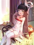  1girl :d absurdres animal_ear_fluff animal_ears azur_lane bangs bare_shoulders bikini bikini_under_clothes black_hair blunt_bangs chinese_commentary commentary_request eyebrows_visible_through_hair feet_out_of_frame food fox_ears fox_mask highres holding holding_food jewelry long_hair looking_at_viewer mask mask_on_head nagato_(azur_lane) nagato_(great_fox&#039;s_sleepwear)_(azur_lane) necklace official_alternate_costume open_mouth qiuyueruona red_bikini ribbon-trimmed_legwear ribbon_trim see-through side-tie_bikini sitting smile solo strap_slip swimsuit thigh-highs very_long_hair white_legwear yellow_eyes 