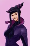  bangs black_hair blunt_bangs bodysuit breasts drill_hair eyeliner female han_juri large_breasts looking_to_the_side mortificent pink_background purple_eyes sidelocks solo street_fighter street_fighter_v twin_drills upper_body 