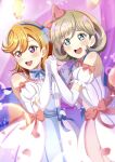  2girls absurdres bare_shoulders blue_bow blue_eyes blush bow commentary detached_sleeves dress elbow_gloves gloves grey_hair hair_bow hands_together hands_up highres interlocked_fingers love_live! love_live!_superstar!! medium_hair multiple_girls open_mouth orange_hair pink_bow puffy_short_sleeves puffy_sleeves ranemu shibuya_kanon short_hair short_sleeves smile sweat tang_keke tiny_stars translated upper_teeth violet_eyes white_dress 