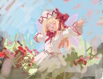  1girl blonde_hair bow dress fairy fairy_wings field flower flower_field hat hat_bow highres light_blush lily_white long_sleeves medium_hair outstretched_arms red_bow reddizen smile touhou white_dress white_headwear wide_sleeves wings 