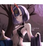  1girl absurdres bangs bare_shoulders bob_cut breasts collarbone eyeliner fate/grand_order fate_(series) headpiece highres horns looking_at_viewer makeup navel nyxview oni oni_horns purple_hair revealing_clothes short_hair shuten_douji_(fate) skin-covered_horns small_breasts smile violet_eyes 