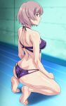  1girl ass bikini blue_eyes breasts brown_hair from_behind full_body gridman_universe highres kneeling looking_at_viewer looking_back medium_breasts monteriakitto mujina purple_bikini shiny shiny_clothes shiny_hair shiny_skin short_hair solo ssss.dynazenon swimsuit 