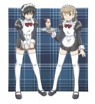  2girls adapted_costume agent_aika aika_(series) apron black_delmo black_footwear black_hair black_jacket black_skirt blonde_hair breasts cup delmogeny_uniform food full_body hand_up highres ice_cream jacket juliet_sleeves kana_(agent_aika) kuroyoshi long_sleeves maid maid_apron maid_headdress mary_janes medium_breasts multiple_girls neck_ribbon one_eye_closed pleated_skirt puffy_sleeves red_neckwear ribbon saori_(agent_aika) shoes short_hair skirt standing sundae thigh-highs uniform white_legwear wrist_cuffs 